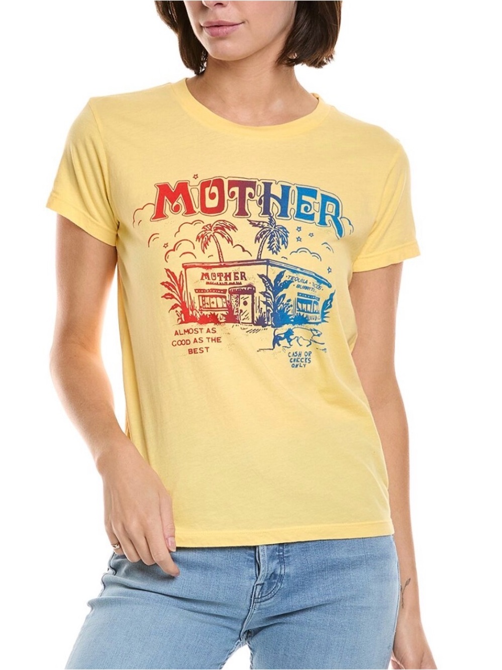 MOTHER Yellow Short Sleeve Graphic Tee with Red & Blue Print